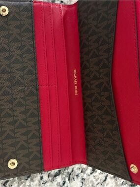 Michael Kors Brown Signature Wallet with Red Interior Card Slots